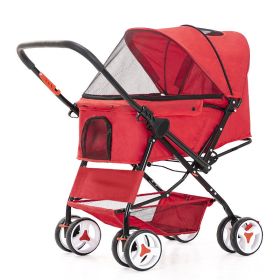 Four Wheel Folding Pet Stroller, Dog Jogger Travel Cats Carrier Adjustable Canopy Storage Brake Mesh Window - red