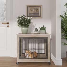 Furniture Style Dog Crate Side Table on Wheels with Double Doors and Lift Top. - Grey