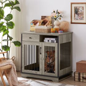 Dog crates;  indoor pet crate end tables;  decorative wooden kennels with removable trays. - Grey