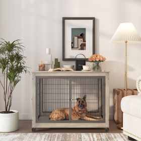 Furniture Style Dog Crate Side Table on Wheels with Double Doors and Lift Top. Grey, 43.7'' W x 30'' D x 31.1'' H. - as Pic