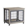 Furniture Style Dog Crate Side Table on Wheels with Double Doors and Lift Top. - Grey