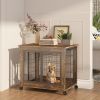 Furniture Style Dog Crate Side Table on Wheels with Double Doors and Lift Top. - Rustic Brown